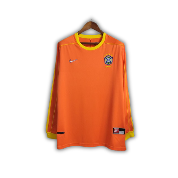 camisa-goleiro-brasil-1998-laranja camisa-seleção-brasileira-goleiro-retrô uniforme-brasil-1998-manga-longa camisa-cbf-goleiro-vintage copa-do-mundo camiseta-brasil-goleiro-1998
