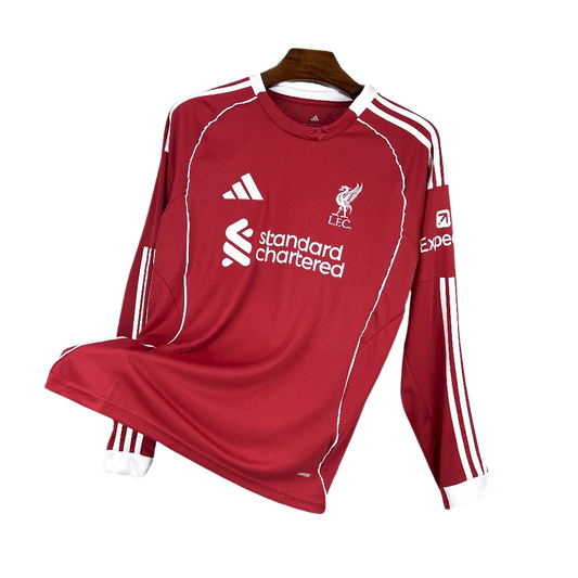 camisa-liverpool-i-manga-longa-2025-26-champions-league-lancamento-europeu-home-vermelha-branco-branca-vermelha-listras-standard-adidas