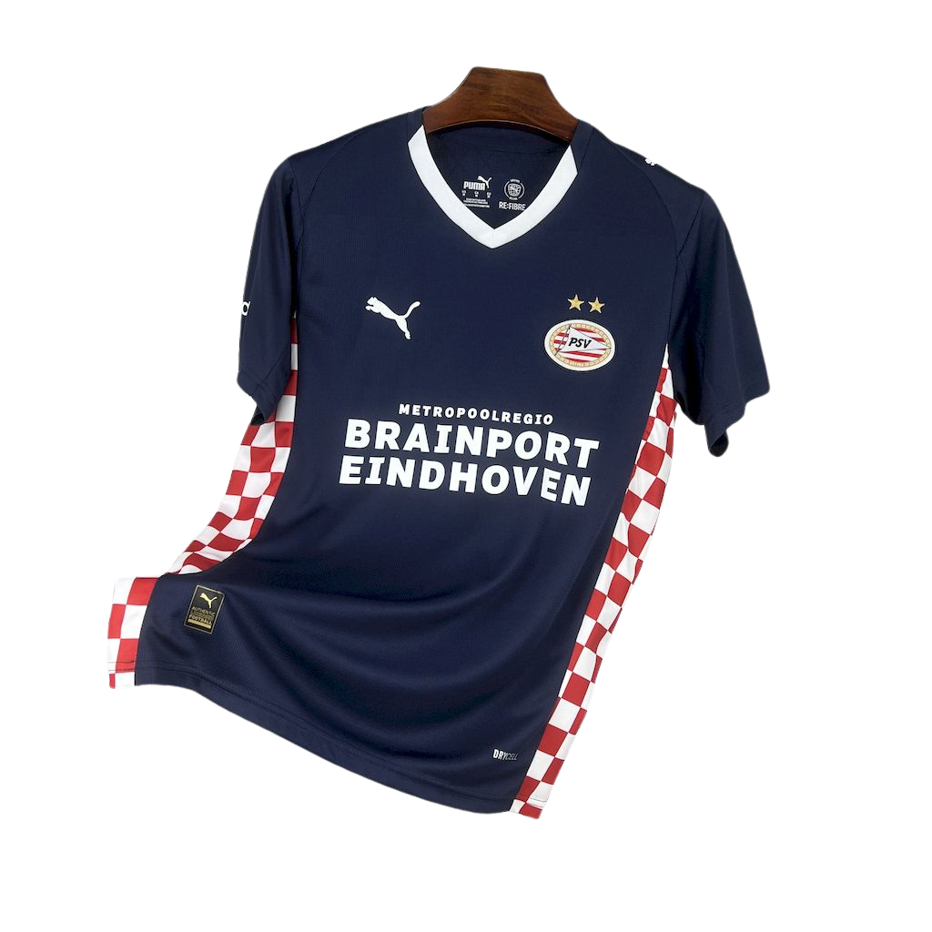 camisa-psv-ll-2025-26-torcedor-masculina-camiseta-champions-league-lancamento-europeu-segunda-away-oficial-puma-metropoolregio-brainport-eindhoven-azul-vermelha-branca-quadriculado-xadrez