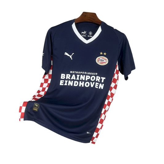 camisa-psv-ll-2025-26-torcedor-masculina-camiseta-champions-league-lancamento-europeu-segunda-away-oficial-puma-metropoolregio-brainport-eindhoven-azul-vermelha-branca-quadriculado-xadrez