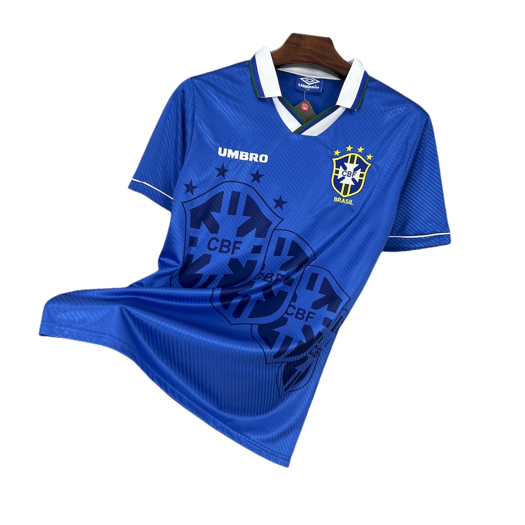 camisa-retrô-brasil-1994 camisa-brasil-1994-azul uniforme-brasil-tetracampeão camisa-cbf-1994 camisa-seleção-brasileira-retrô copa-do-mundo camiseta-brasil-1994