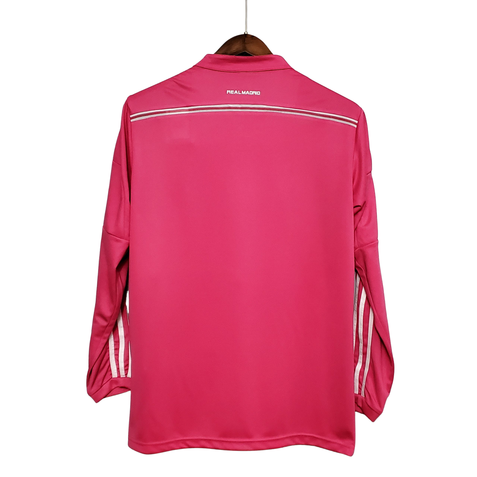 camisa-retro-real-madrid-il-manga-longa-2014-15-antiga-away-segunda-oficial-europeu-rosa-listras-branca-adidas-fly-emirates-uniforme-camiseta