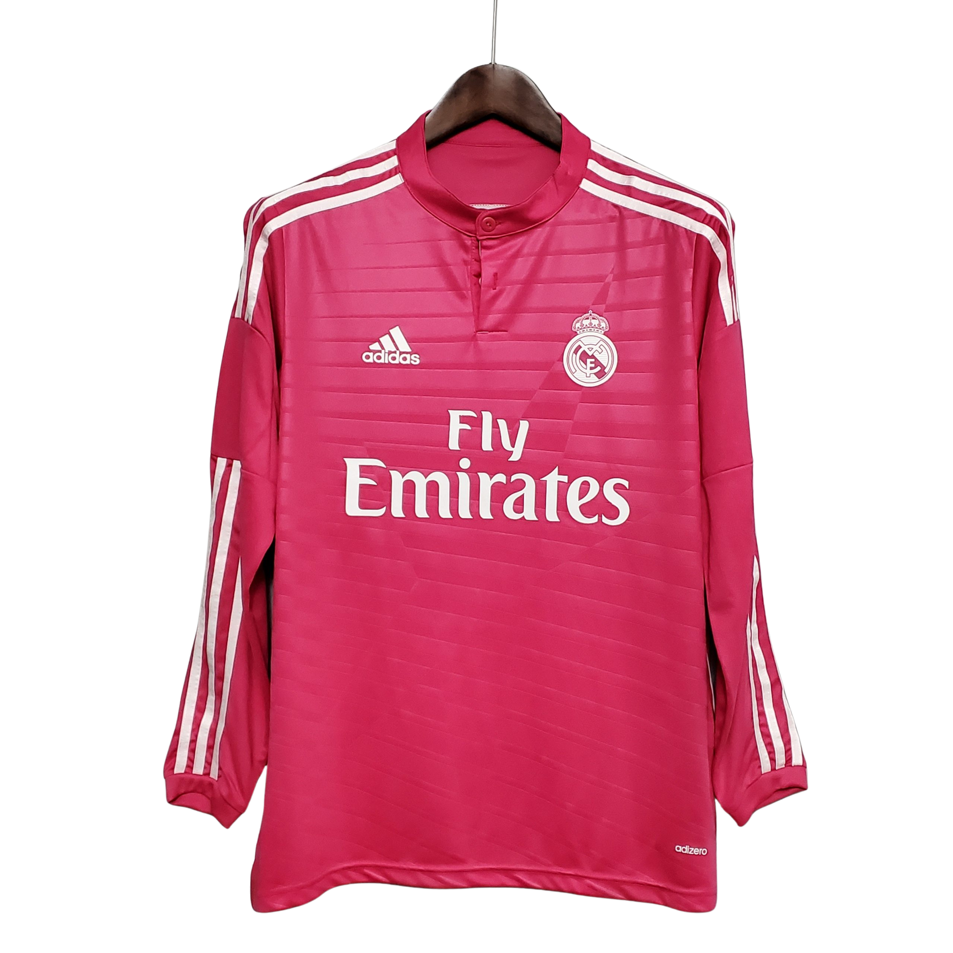 camisa-retro-real-madrid-il-manga-longa-2014-15-antiga-away-segunda-oficial-europeu-rosa-listras-branca-adidas-fly-emirates-uniforme-camiseta
