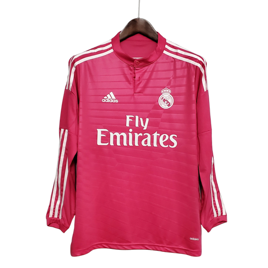 camisa-retro-real-madrid-il-manga-longa-2014-15-antiga-away-segunda-oficial-europeu-rosa-listras-branca-adidas-fly-emirates-uniforme-camiseta
