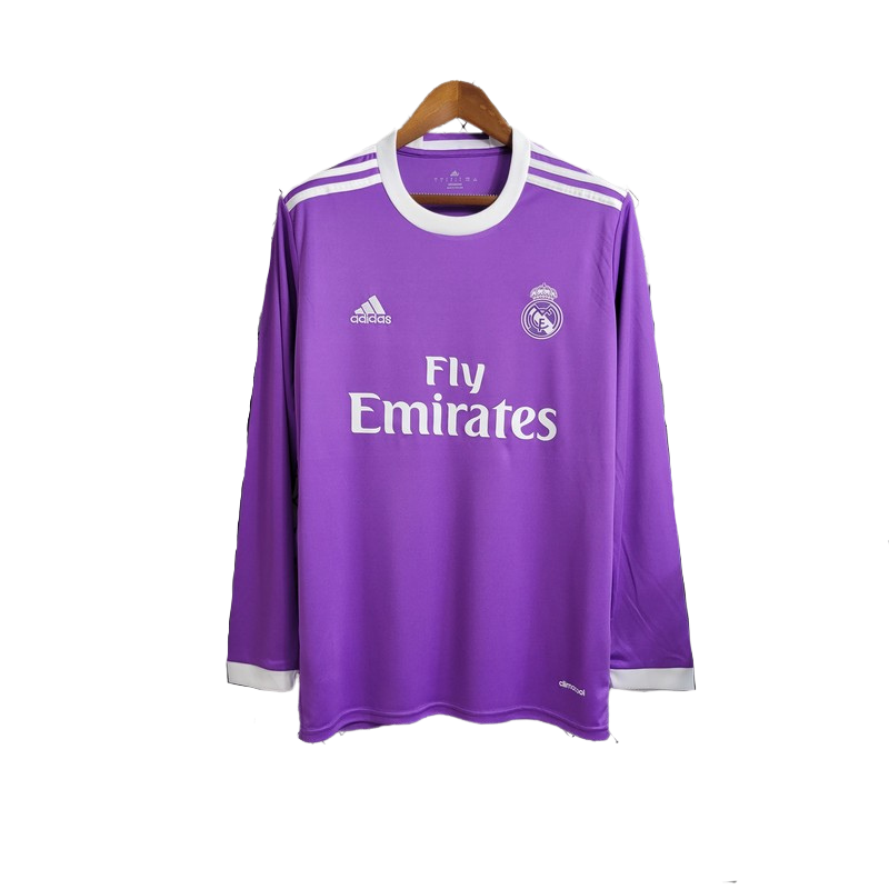 camisa-retro-real-madrid-il-manga-longa-2016-17-antiga-away-segunda-oficial-europeu-uniforme-camiseta-final-champions-league-cardiff-2017-uefa-cr7-cristiano-ronaldo-roxa-roxo-adidas-fly-emirates