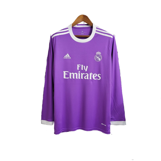 camisa-retro-real-madrid-il-manga-longa-2016-17-antiga-away-segunda-oficial-europeu-uniforme-camiseta-final-champions-league-cardiff-2017-uefa-cr7-cristiano-ronaldo-roxa-roxo-adidas-fly-emirates