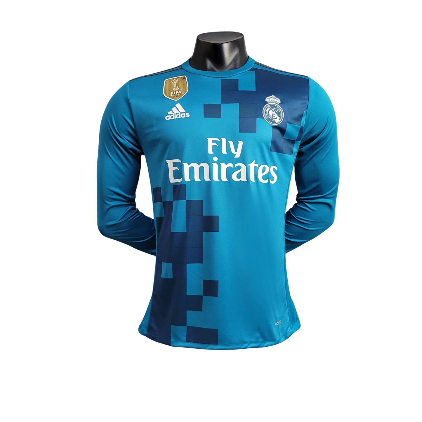 camisa-retro-real-madrid-il-manga-longa-2017-2018-antiga-away-segunda-oficial-europeu-azul-clara-e-azul-escura-uniforme-camiseta-fifa-fly-emirates-adidas-cr7-cristiano-ronaldo