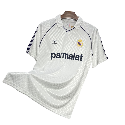 camisa-retro-real-madrid-ll-1988-89-la-liga-era-de-ouro-away-segunda-oficial-antiga-uniforme-camiseta-gola-polo-parmalat-hummel-branca-listras-azuis-na-manga-branca-e-azul